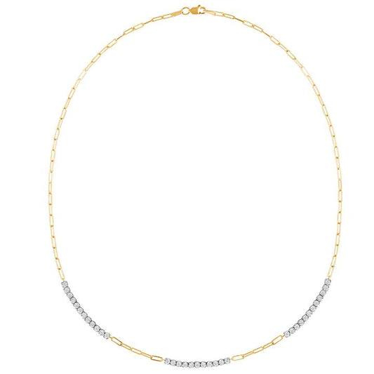 Image of Necklaces. Productname: 43cm Paperclip Tennis Necklace with 0.50tw of Diamonds in 9kt Yellow Gold in Diamond colour by brand - Bevilles
