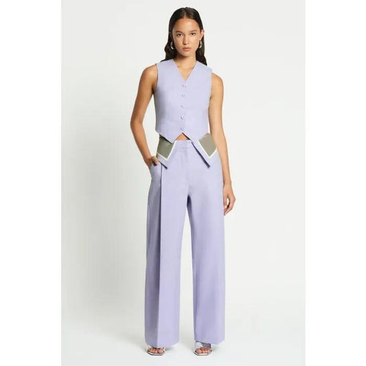 Image of a model wearing Tops. Productname: Paloma Vest in ICE LILAC colour by brand - sass and bide