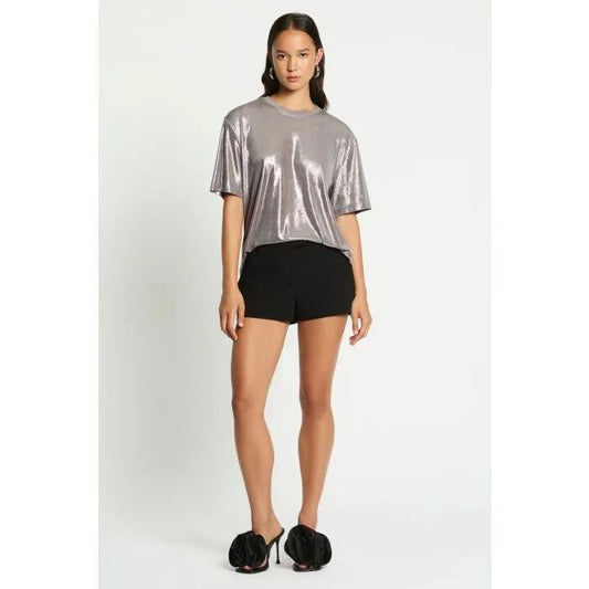 Image of a model wearing Tops. Productname: Radar Tee in Silver colour by brand - sass and bide