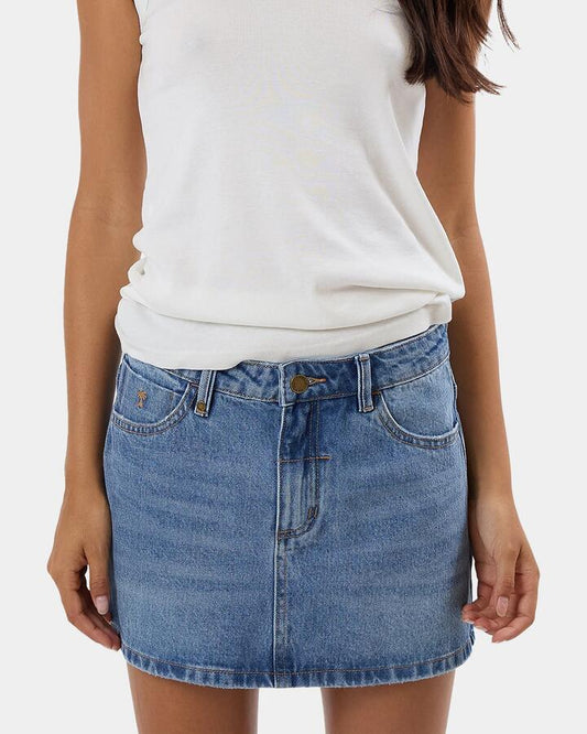 Image of a model wearing Skirts. Productname: Thrills - Womens Sophie Denim Skirt - Dark Dust Blue - in Dark Dust Blue colour by brand - Thrills