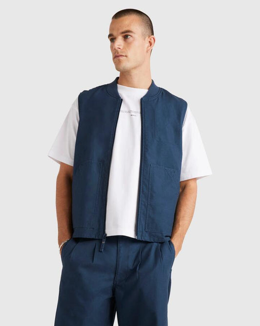 Image of Coats & Jackets. Productname: RVCA - Mens Varsity Twill Vest - Petrol Blue - in Petrol Blue colour by brand - RVCA