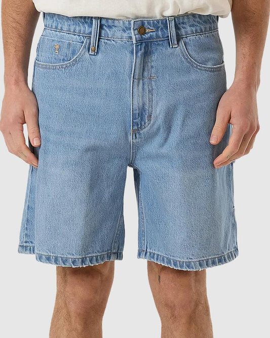 Image of a model wearing Shorts. Productname: Thrills - Mens Slacker Denim Shorts - Infinity Blue - in Infinity Blue colour by brand - Thrills