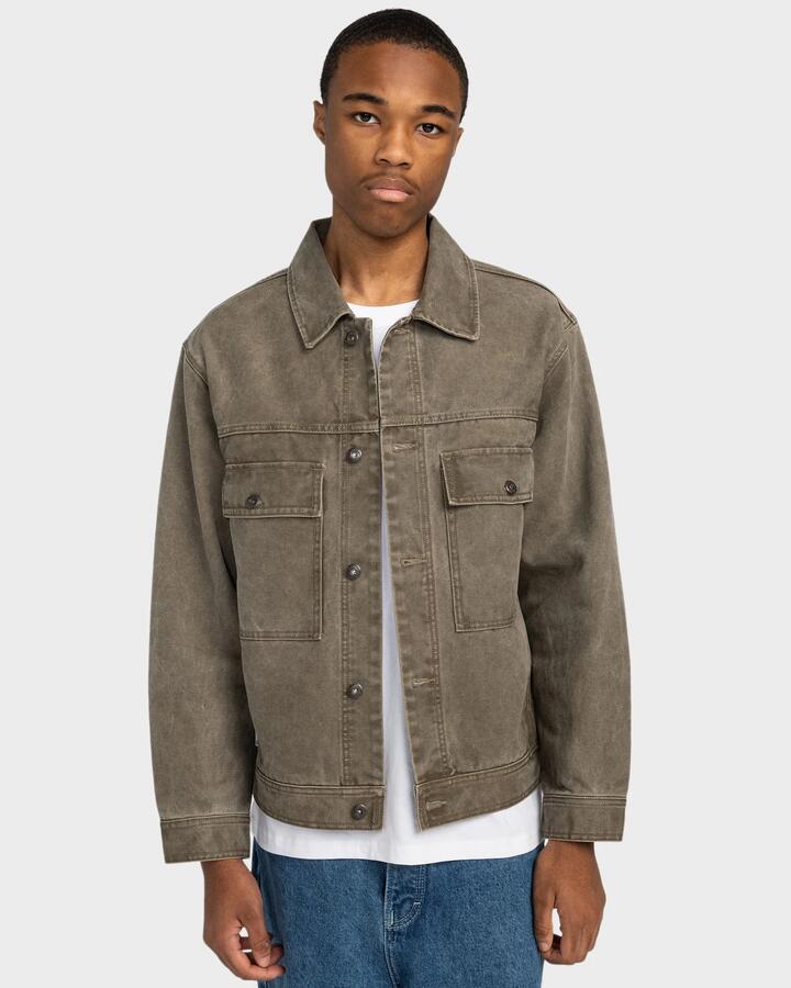 Image of a model wearing Outerwear. Productname: Element - Mens Trucker Canvas Jacket - Stone Gray - in Stone Gray colour by brand - Element