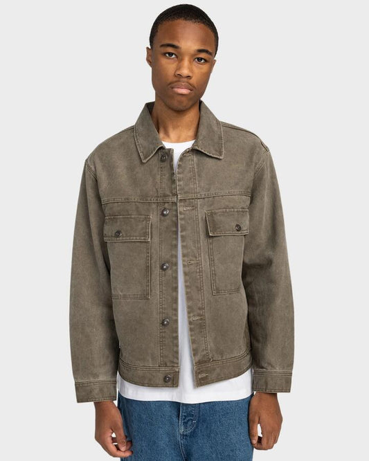 Image of a model wearing Outerwear. Productname: Element - Mens Trucker Canvas Jacket - Stone Gray - in Stone Gray colour by brand - Element