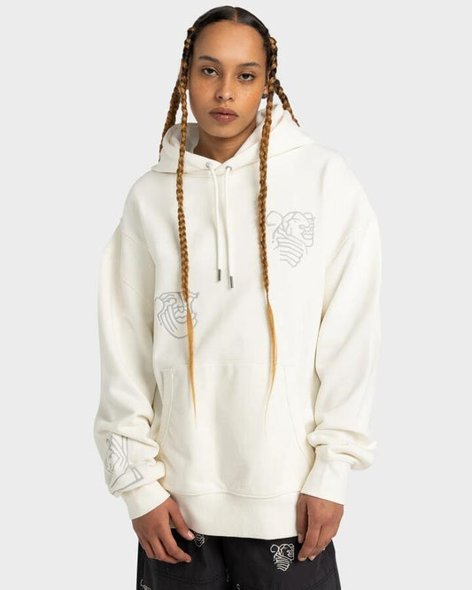 Image of a model wearing Outerwear. Productname: Element Mens Vmxe Pullover Hoodie Lily White - in Lily White colour by brand - Element