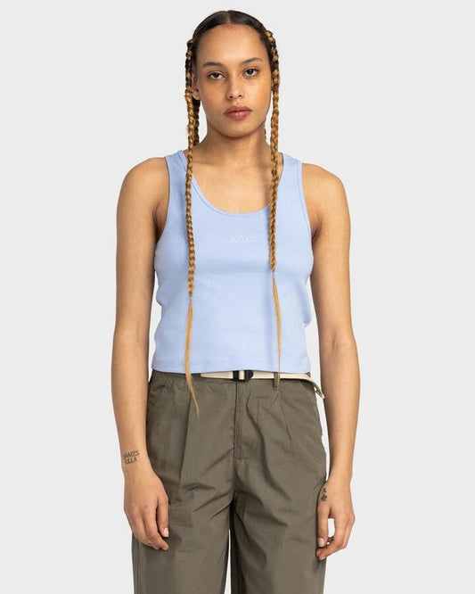 Image of a model wearing Tops. Productname: Element - Womens Yarnhill Crop Top - Blue Heron - in Blue Heron colour by brand - Element