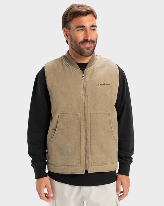 Image of a model wearing Outerwear. Productname: Quiksilver Mens Surf Gilet Vest Lead Gray - in Lead Gray colour by brand - Quiksilver