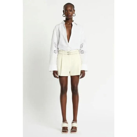 Image of a model wearing Tops. Productname: Kiera Lace Shirt in White colour by brand - sass and bide