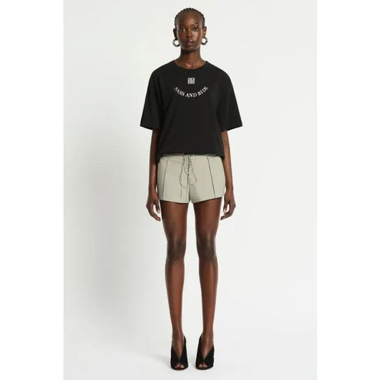 Image of a model wearing Tops. Productname: Essence Tee in JET BLACK colour by brand - sass and bide