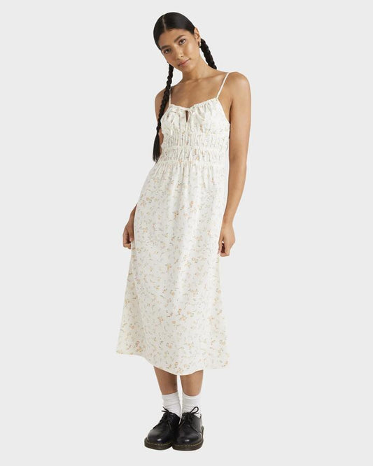 Image of Dresses. Productname: RVCA - Womens Blurred Ditsy Gathered Midi Midi Dress - Whisper White - in Whisper White colour by brand - RVCA