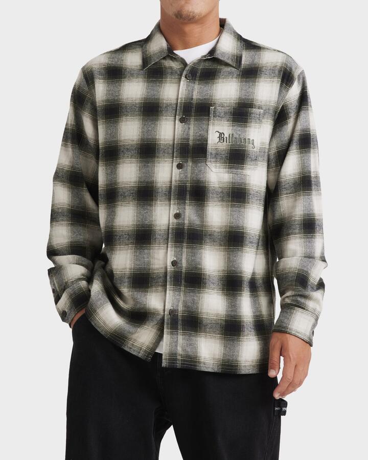 Image of a model wearing Tops. Productname: Billabong Mens Wraped Long Sleeve Shirt Alloy - in Alloy colour by brand - Billabong