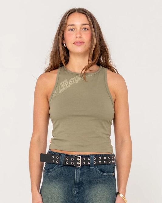 Image of a model wearing Tops. Productname: Rusty - Womens Dirt Bag Racer Tank Top - Light Khaki - in Light Khaki colour by brand - Rusty