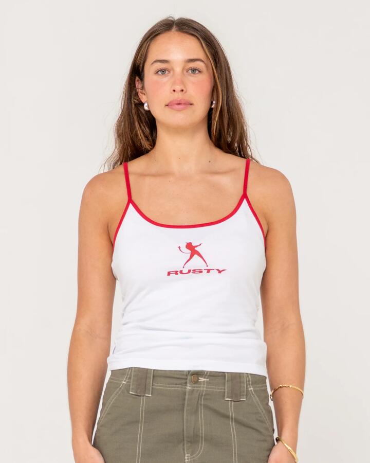 Image of a model wearing Tops. Productname: Rusty Womens Devil Staple Singlet White - in White colour by brand - Rusty