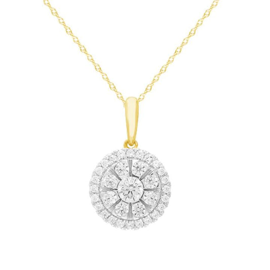 Image of Necklaces. Productname: Halo Necklace with 1/2ct of Diamonds in 9kt Yellow Gold in Diamond colour by brand - Bevilles