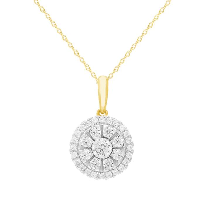 Image of Necklaces. Productname: 45cm Composite Halo Necklace with 0.50tw of Diamonds in 9kt Yellow Gold in Diamond colour by brand - Bevilles