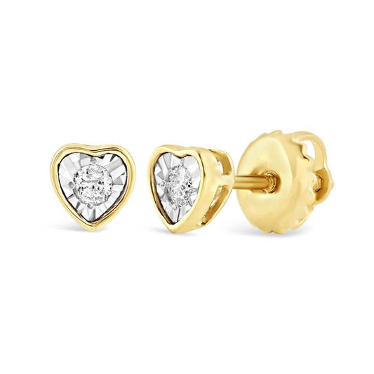 Image of Earrings. Productname: Heart Stud Earrings with 0.05tw of Diamonds in 9kt Yellow Gold in Diamond colour by brand - Bevilles