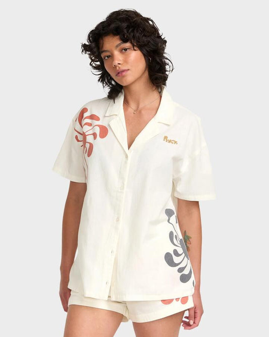 Image of a model wearing Tops. Productname: RVCA - Womens Lauryn Short Sleeve Shirt - Natural - in Natural colour by brand - RVCA