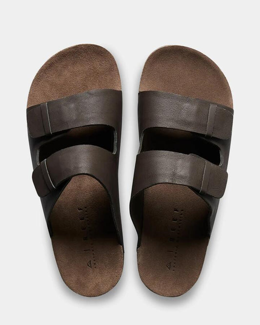 Image of Slippers. Product name - Reef Mens Ojai Two Bar Brown Slides Brown Leather in Brown Leather colour by brand - Reef