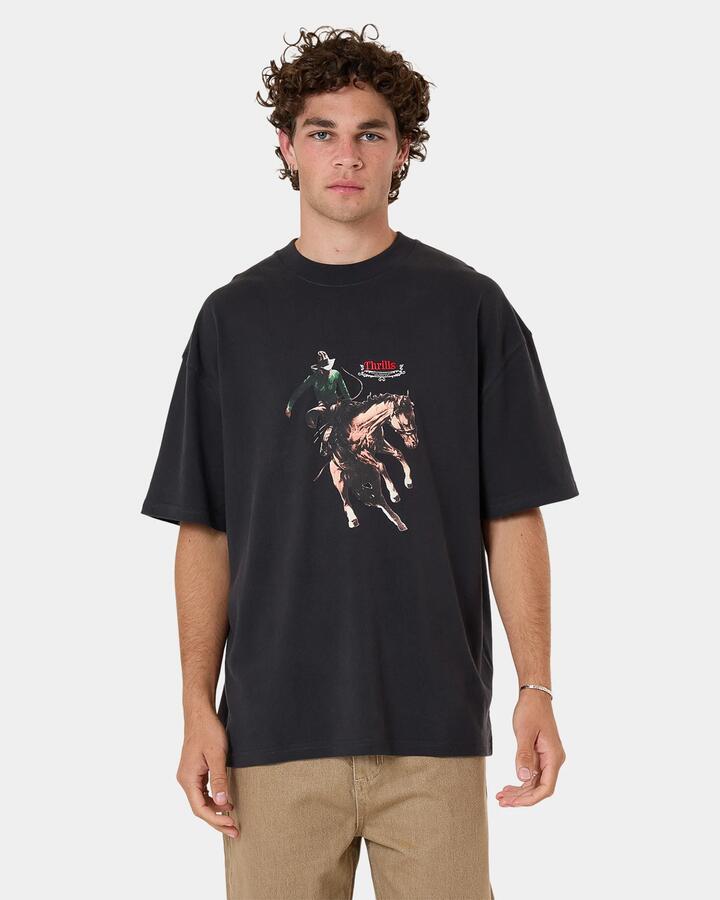 Image of T-Shirts. Product name - Thrills Mens Eternal Outlaw Box Fit Oversized T-Shirt Washed Black in Washed Black colour by brand - Thrills