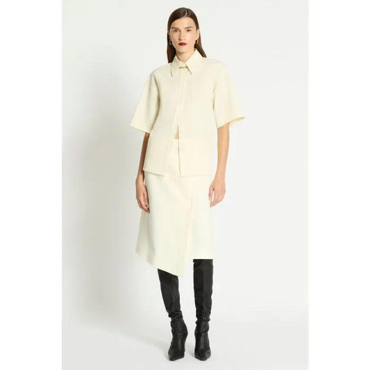 Image of a model wearing Tops. Productname: Andante Shirt in VANILLA colour by brand - sass and bide