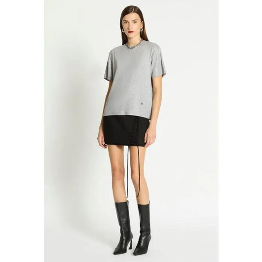 Image of a model wearing Tops. Productname: Heist Embellished Tee in GREY MARLE WITH SILVER FOIL colour by brand - sass and bide