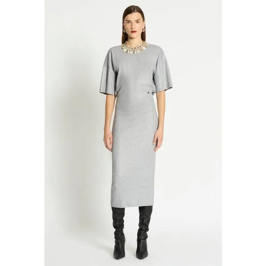 Image of a model wearing Dress. Productname: Heist Embellished Dress in GREY MARLE WITH SILVER FOIL colour by brand - sass and bide