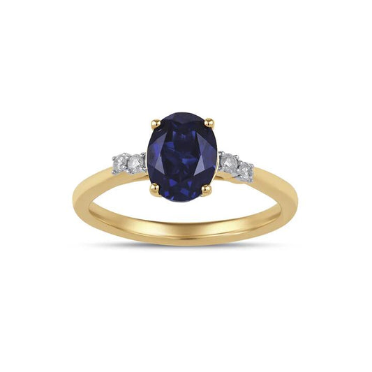 Image of Jewelry. Productname: Created Saphire Ring with 0.07tw of Diamonds in 9kt Yellow Gold in Diamond colour by brand - Bevilles