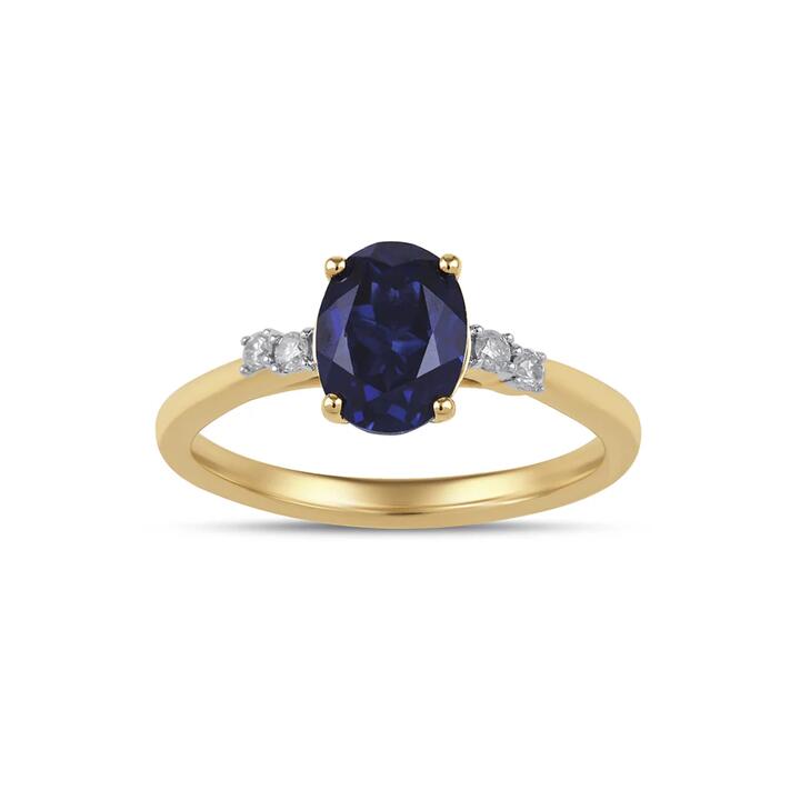 Image of Rings. Product name - Created Saphire Ring with 0.07tw of Diamonds in 9kt Yellow Gold in colour by brand - Bevilles