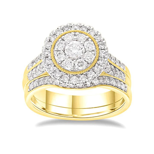 Image of Rings. Productname: Composite Halo and Contour Ring Set with 1.00tw of Diamonds in 9kt Yellow Gold in colour by brand - Bevilles