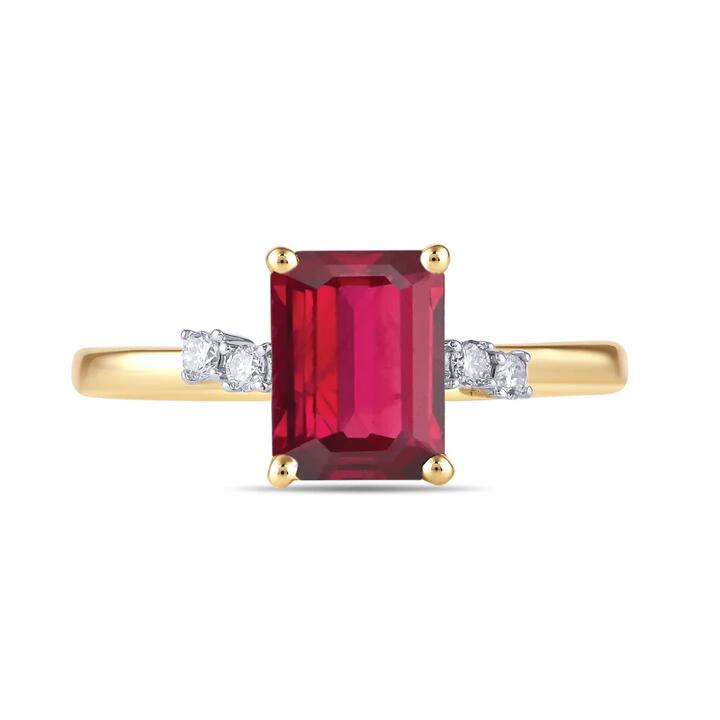 Image of Rings. Product name - Created Ruby Ring with 0.07tw of Diamonds in 9kt Yellow Gold in colour by brand - Bevilles