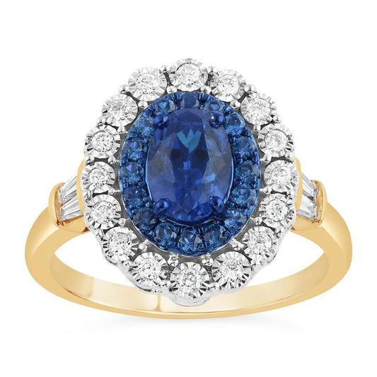 Image of Jewelry. Productname: Created Sapphire Ring with 1/3ct of Diamonds in 9kt Yellow Gold in Diamond colour by brand - Bevilles