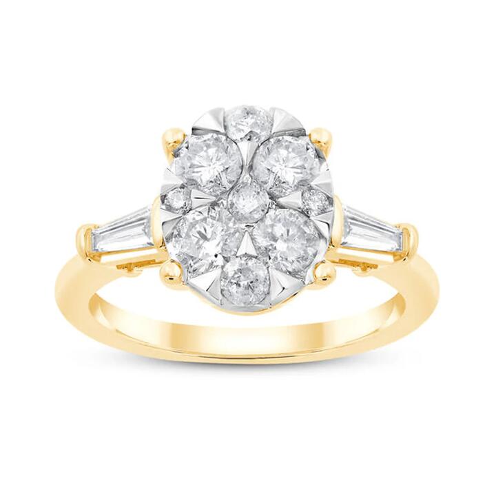 Image of Rings. Product name - Oval Shaped Ring with 1.00tw of Diamonds in 9kt Yellow Gold in colour by brand - Bevilles