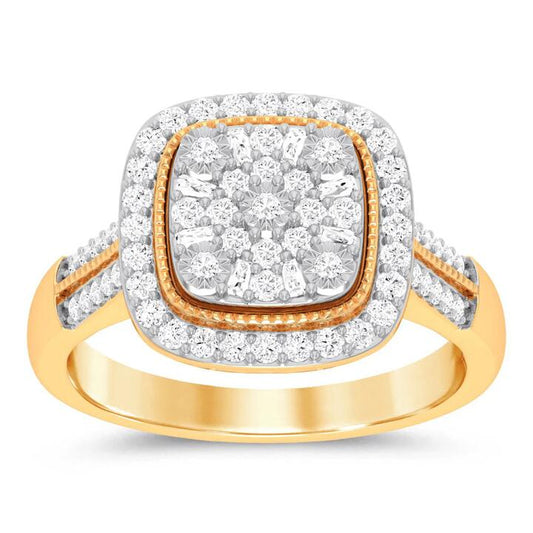 Image of Jewelry. Productname: Square Look Halo Ring with 1.00ct of Diamonds in 9kt Yellow Gold in Diamond colour by brand - Bevilles