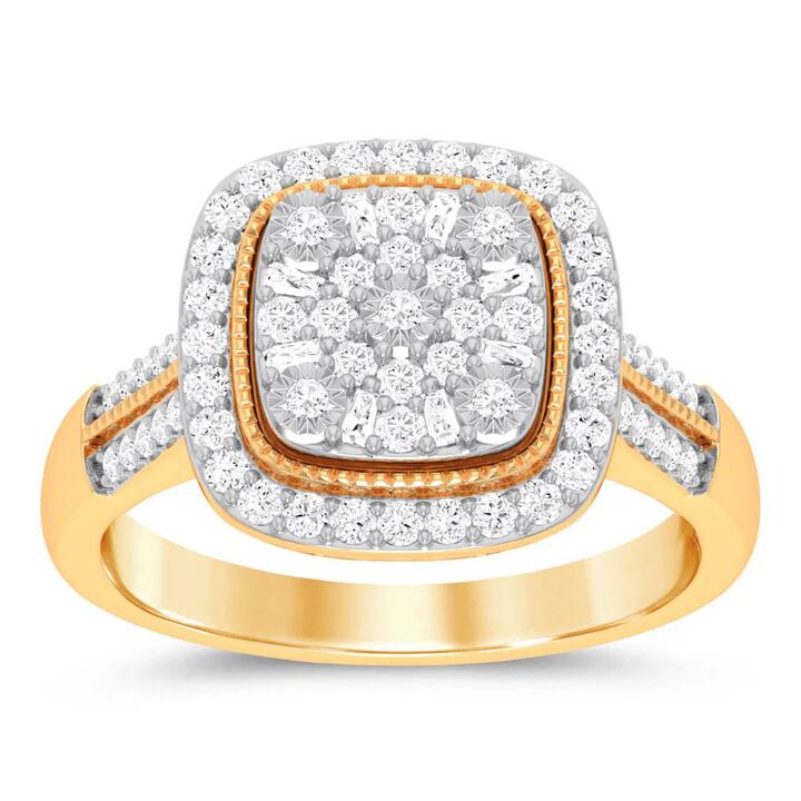 Image of Jewelry. Productname: Square Look Halo Ring with 1.00tw of Diamonds in 9kt Yellow Gold in Diamond colour by brand - Bevilles