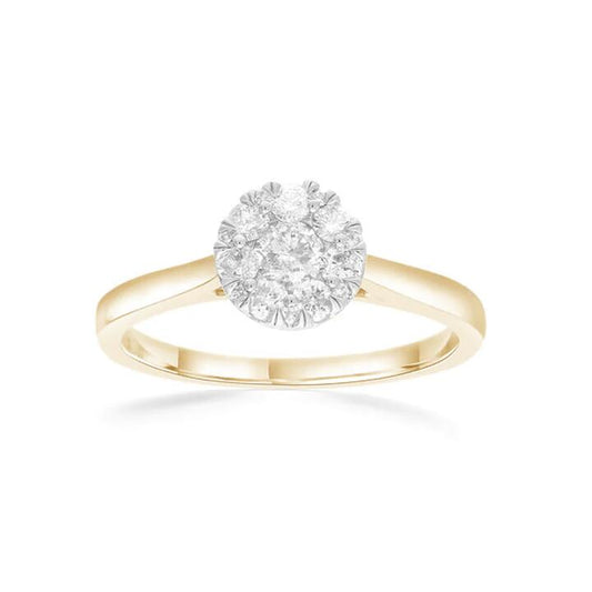 Image of Rings. Product name - Round Shape Cluster Ring with 0.47tw of Diamonds in 9kt Yellow Gold in colour by brand - Bevilles