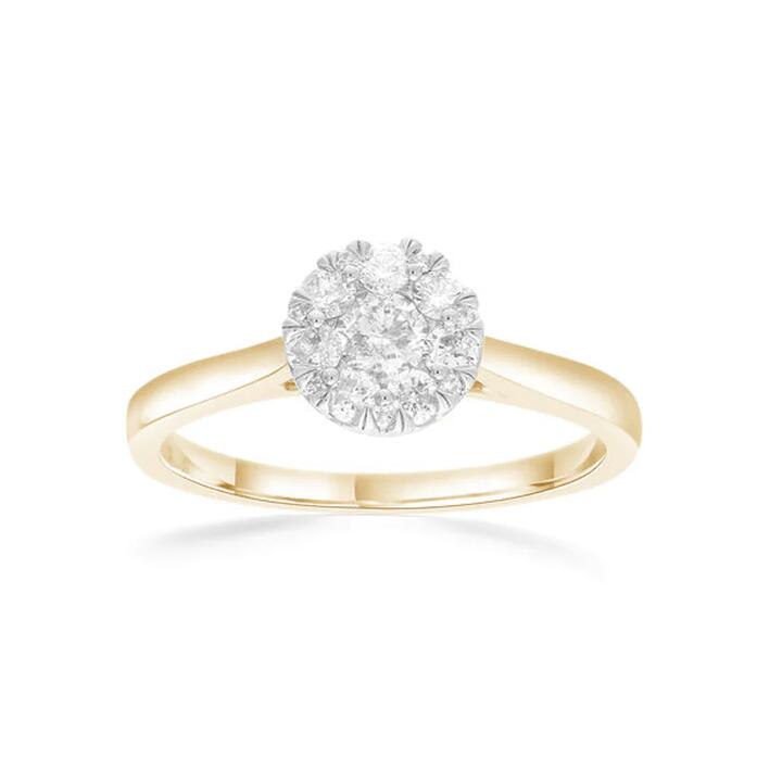 Image of Rings. Product name - Round Shape Cluster Ring with 0.47tw of Diamonds in 9kt Yellow Gold in colour by brand - Bevilles