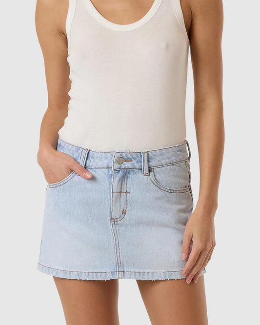 Image of a model wearing Skirts. Productname: Thrills - Womens Sophie Denim Skirt - Epoch Blue - in Epoch Blue colour by brand - Thrills