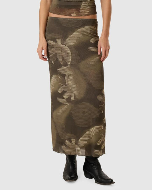 Image of a model wearing Skirts. Productname: Thrills - Womens Flora Haze Mesh Midi Skirt - Brindle - in Brindle colour by brand - Thrills