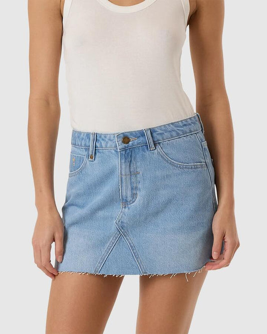 Image of a model wearing Skirts. Productname: Thrills - Womens Candy Denim Skirt - Infinity Blue - in Infinity Blue colour by brand - Thrills