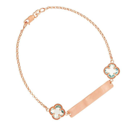 Image of Bracelets. Productname: 9kt Rose Gold Silver Infused Blue Clover ID Bracelet 19cm in Gold colour by brand - Bevilles