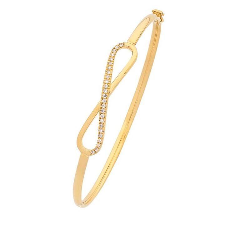 Image of Jewelry. Productname: 9kt Yellow Gold Silver Infused Infinity Bangle in Gold colour by brand - Bevilles