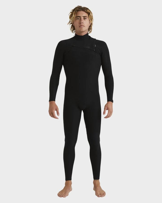 Image of a model wearing Tops. Productname: Quiksilver Mens 4/3Mm Highline Chest Zip Wetsuit Black - in Black colour by brand - Quiksilver