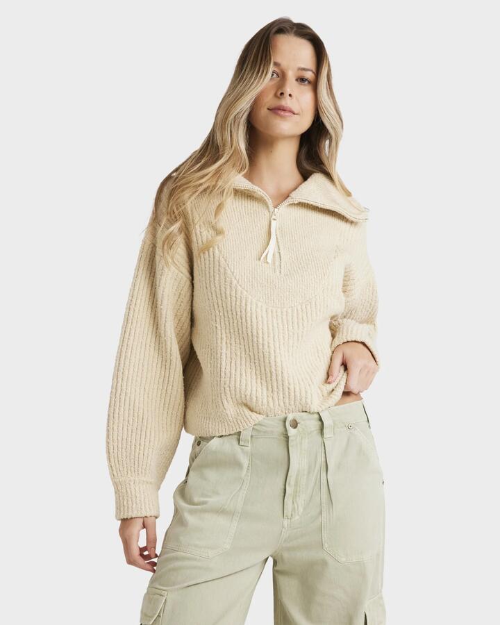 Image of a model wearing Outerwear. Productname: Billabong - Womens Zippy Loo Sweatshirt - White Sand - in White Sand colour by brand - Billabong
