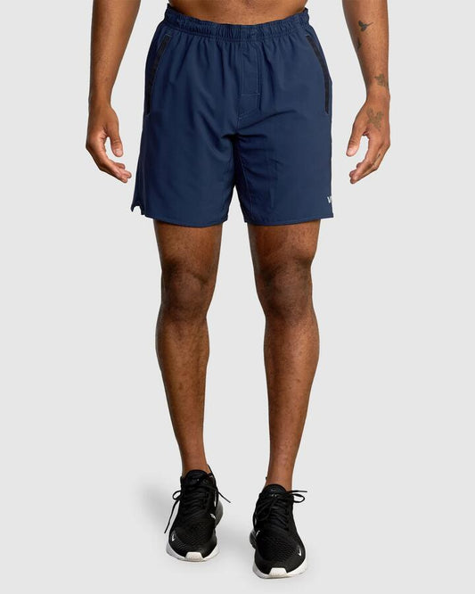 Image of a model wearing Shorts. Productname: RVCA - Mens Yogger Strech Athletic Shorts - Midnight - in Midnight colour by brand - RVCA