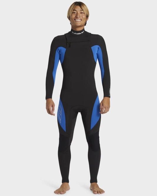 Image of a model wearing Tops. Productname: Quiksilver - Mens 4/3Mm Mercury Chest Zip Gbs Wetsuit - Olympian Blue - in Olympian Blue colour by brand - Quiksilver
