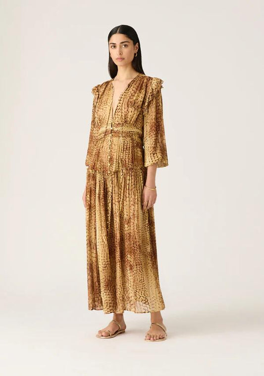 Image of a model wearing Dress. Productname: Simone Maxi Dress in Simone Print colour by brand - MOS The Label