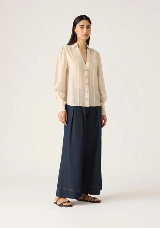 Image of a model wearing Tops. Productname: Astra Blouse in Pearl colour by brand - MOS The Label