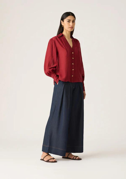 Image of a model wearing Tops. Productname: Astra Blouse in Wine colour by brand - MOS The Label