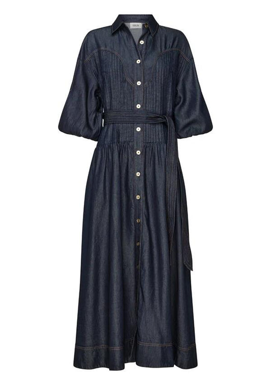 Image of a model wearing Denim. Productname: Cleo Denim Shirt Dress in Indigo colour by brand - MOS The Label