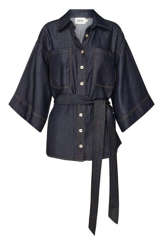 Image of a model wearing Denim. Productname: Cleo Denim Shirt in Indigo colour by brand - MOS The Label